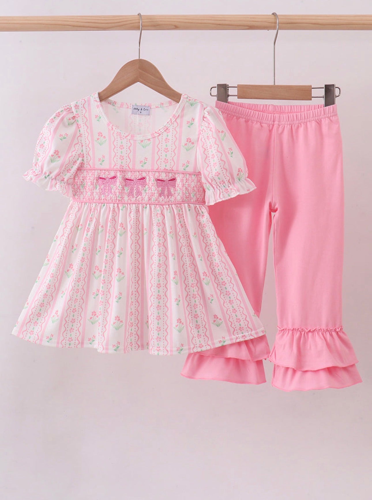 Pink Floral bow Smocked Ruffle Pants Set