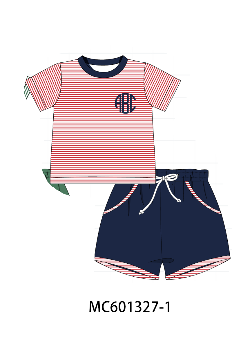 PO79 Simple stripe monogram embroidery shorts set collection