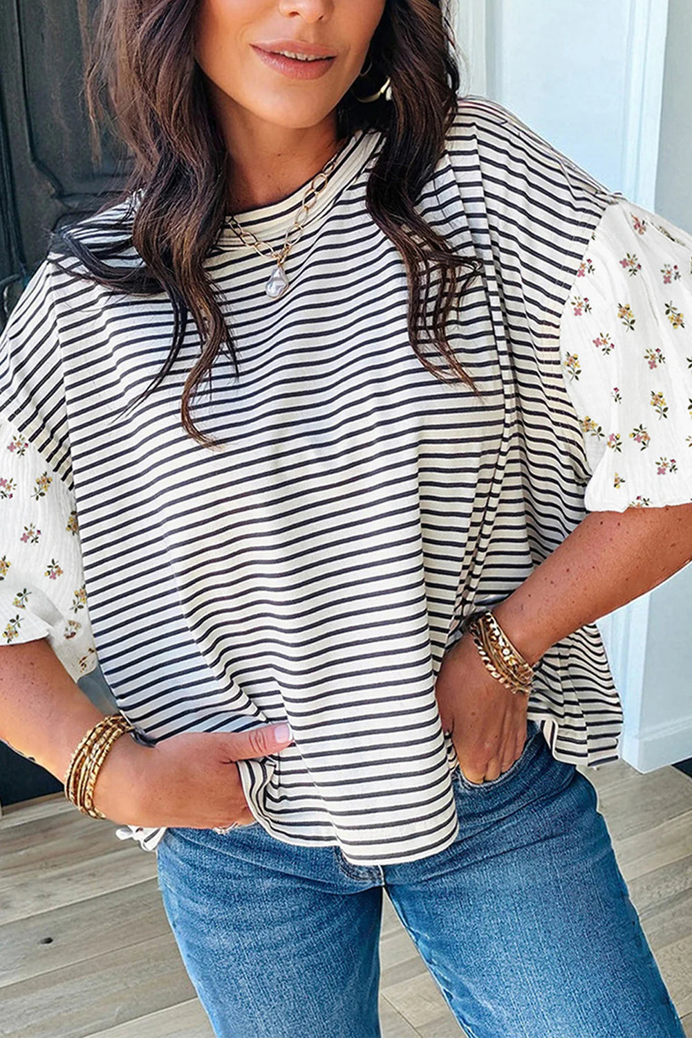 Black Stripe Floral Sleeve Top