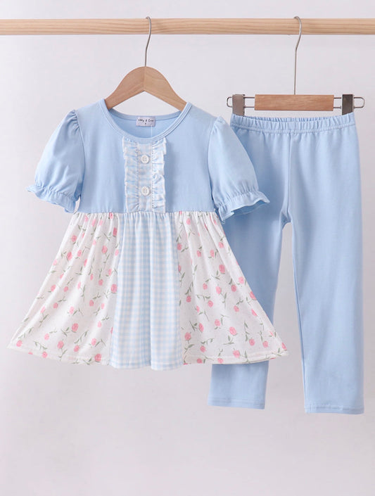 Blue Floral Ruffle Pants Set