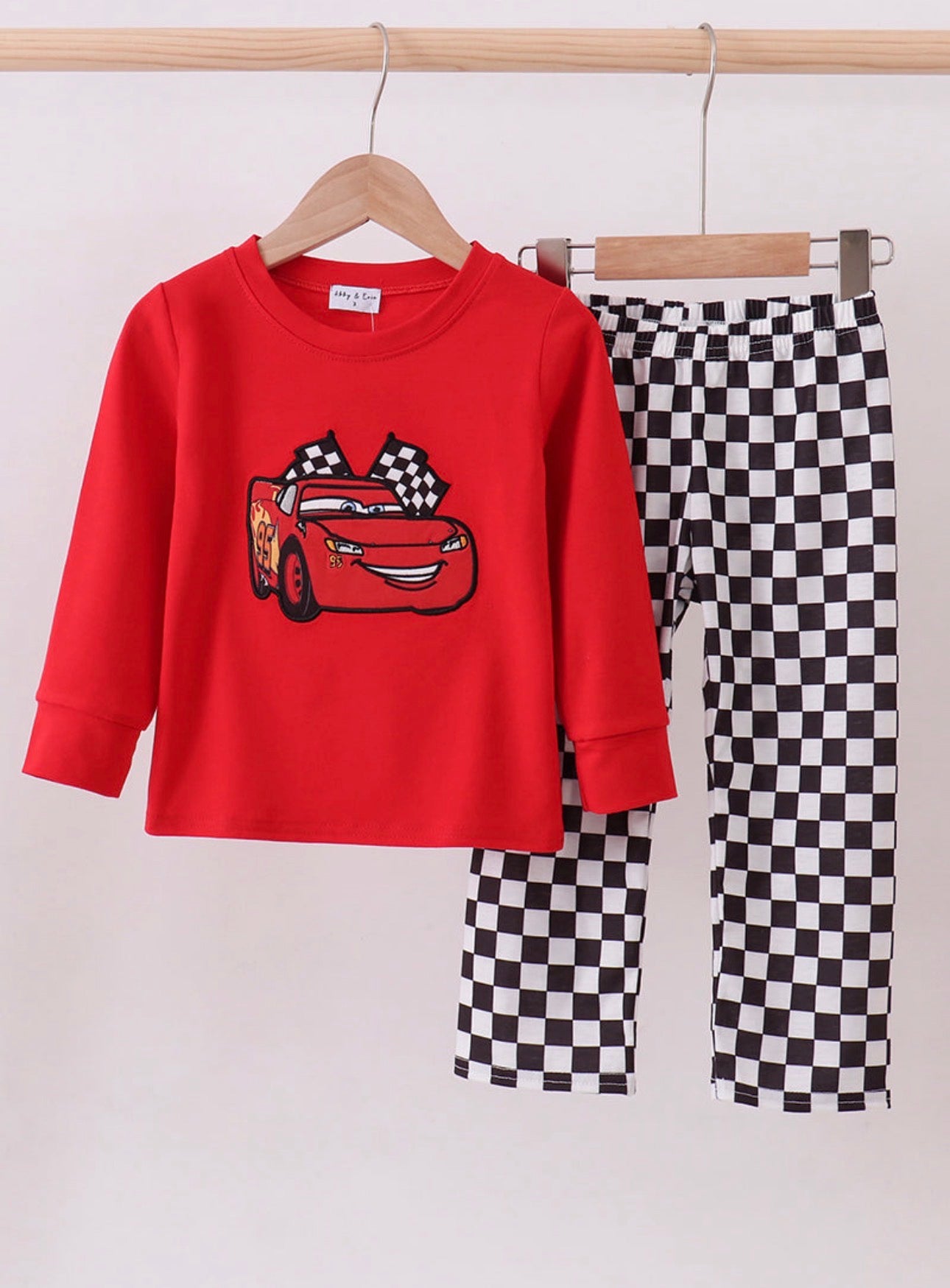 Red Car Applique Checkered Pants Set