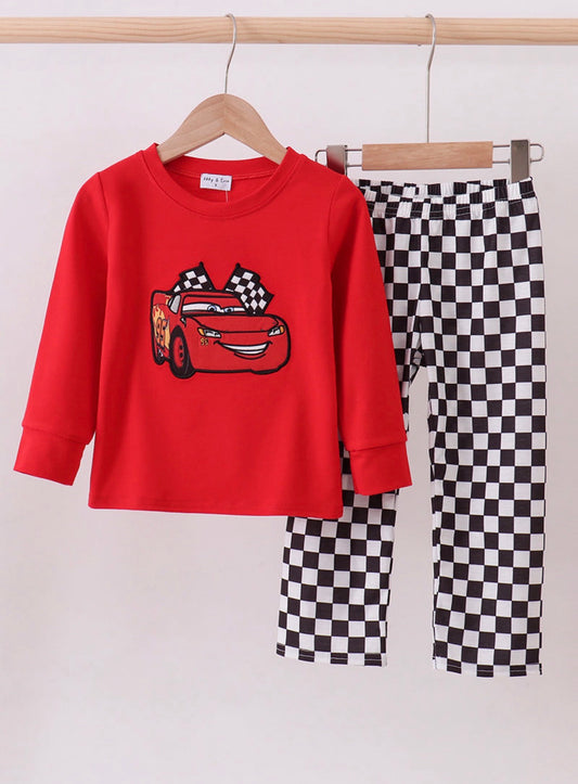 Red Car Applique Checkered Pants Set