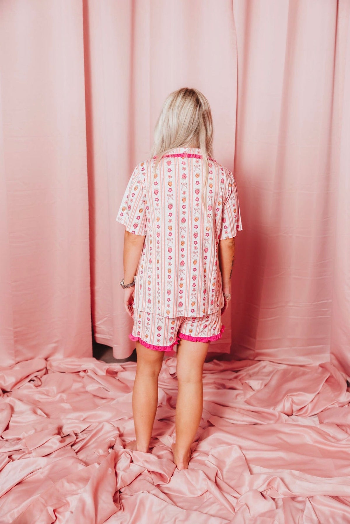 Strawberry Squeeze Adult Ruffle Button Up Short Set