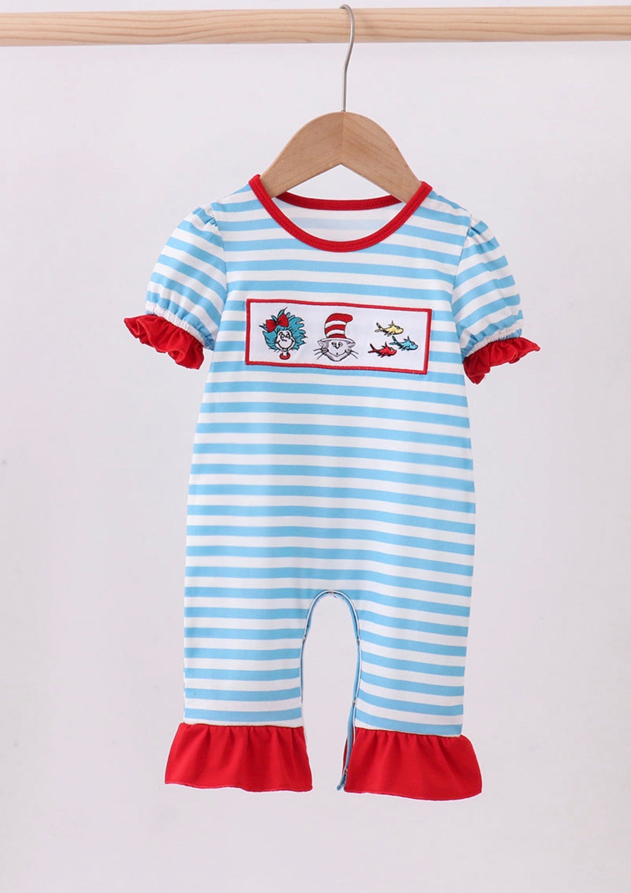 Blue Character Embroider Ruffle Romper