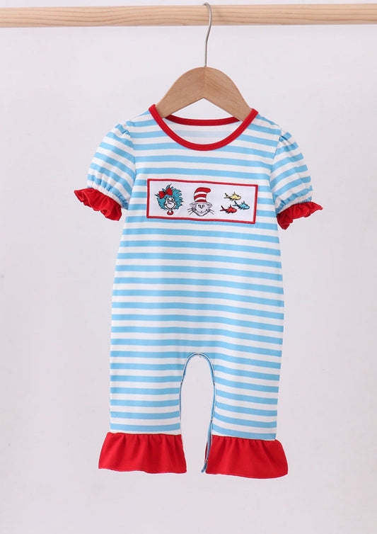 Blue Character Embroider Ruffle Romper