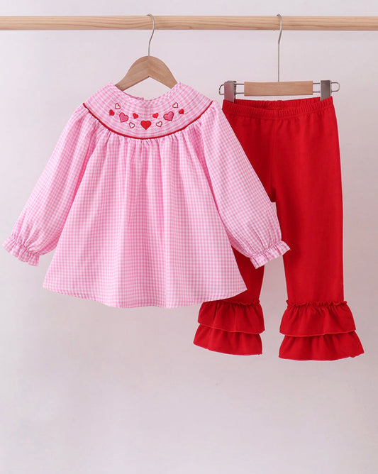 Pink Heart Smocked Gingham Ruffle Set