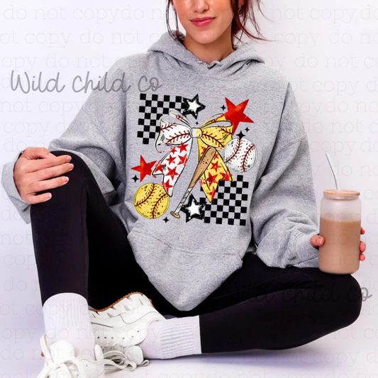 Softball Checker and Bows - leave shirt color in comments at checkout
