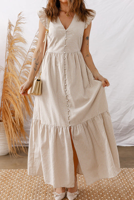Khaki Stripe Button Maxi Dress