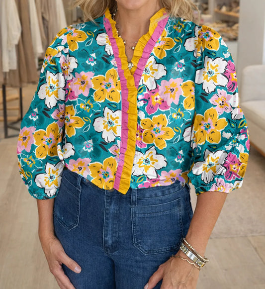 Green Floral Frilled Blouse