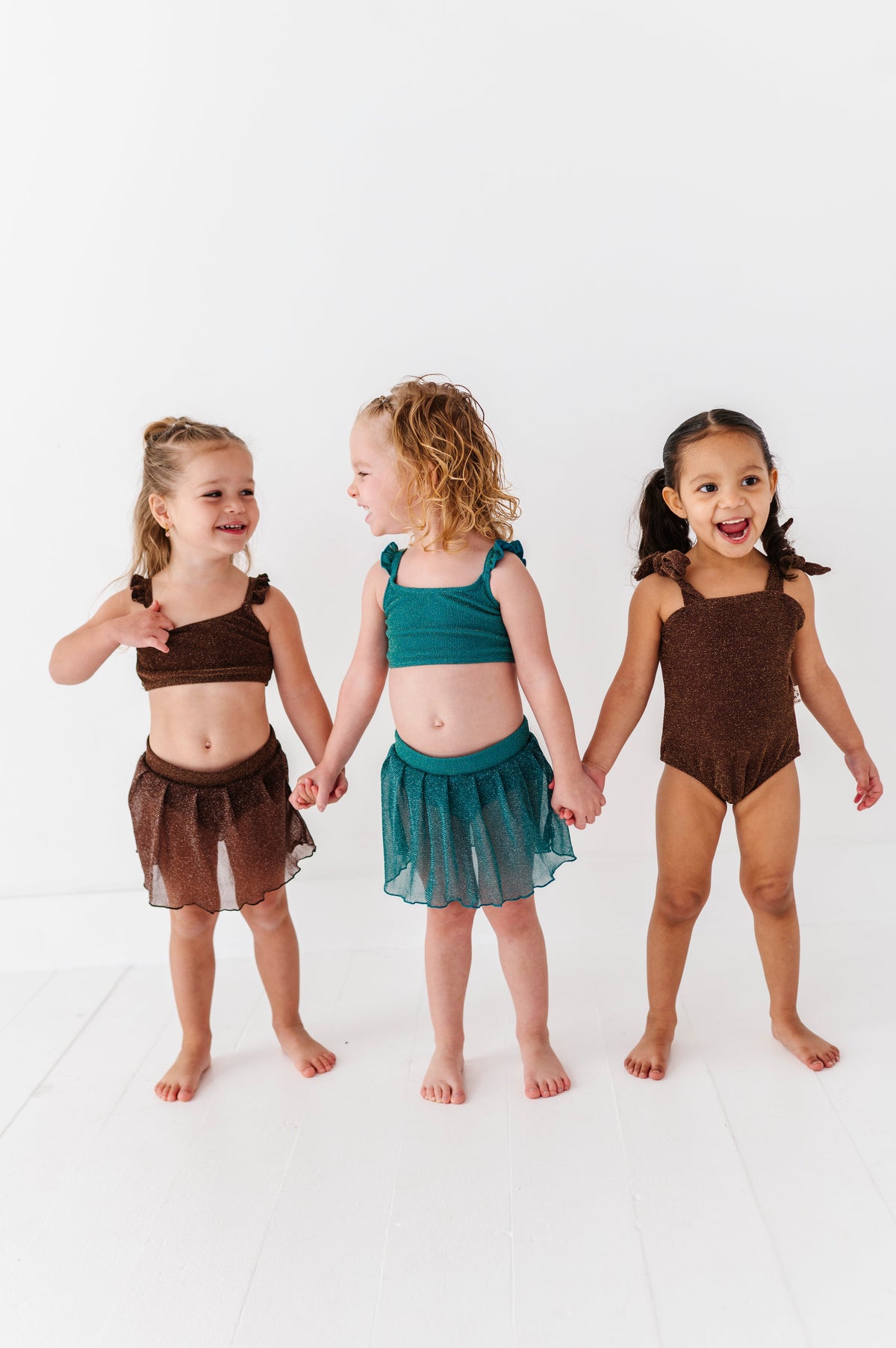 Brown Metallic Kids Swim Skirted Bottom