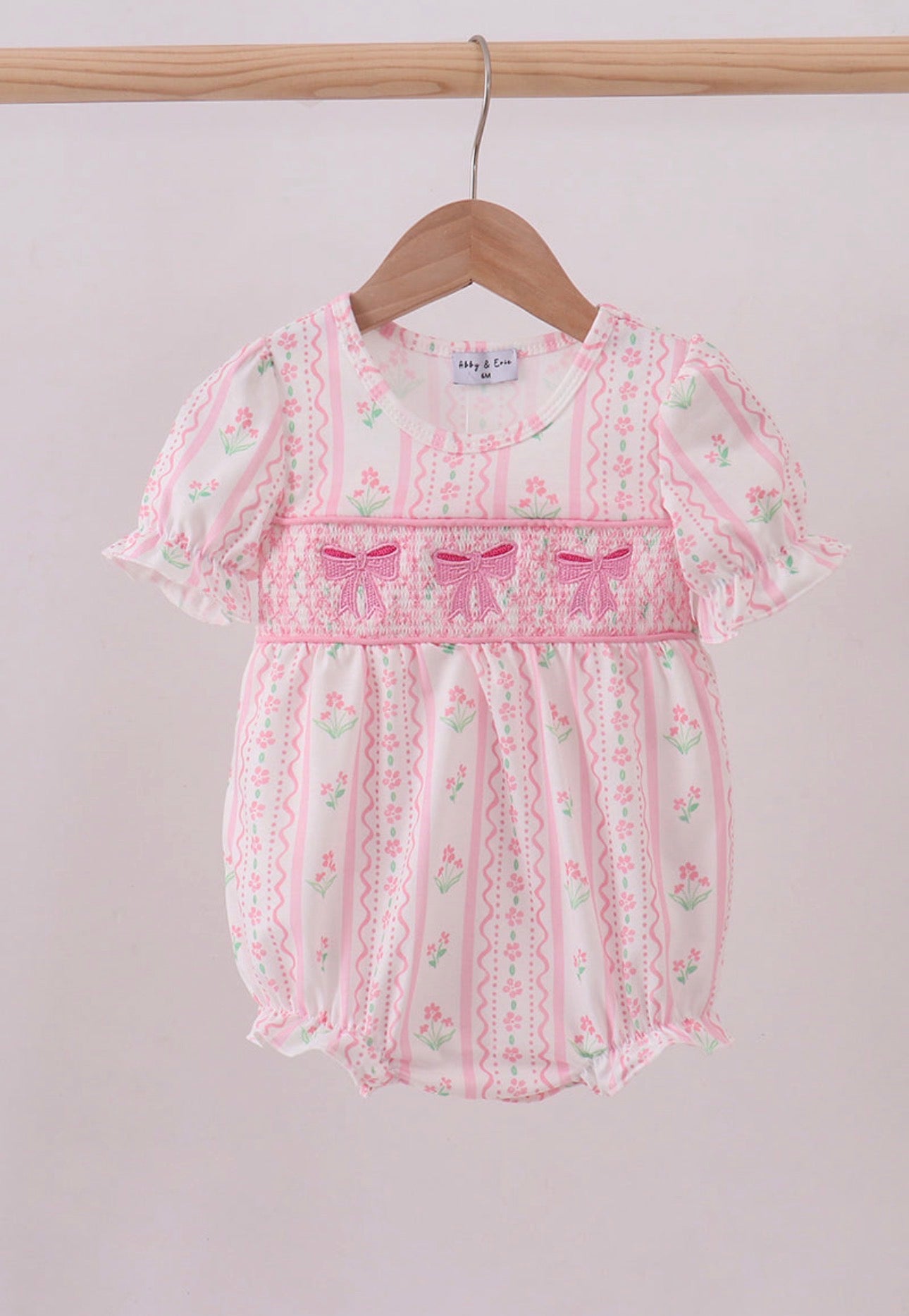 Pink Floral Bow Smocked Bubble