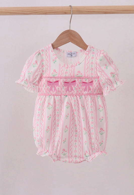 Pink Floral Bow Smocked Bubble
