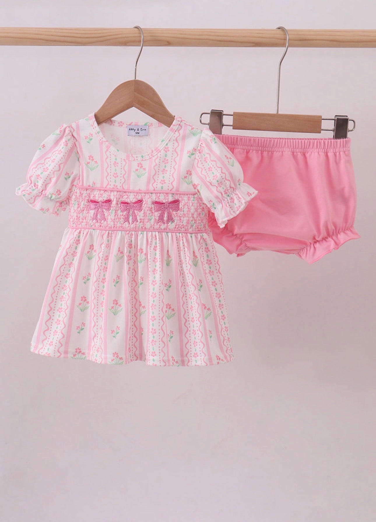 Pink Floral Bow Smocked Bloomer Set