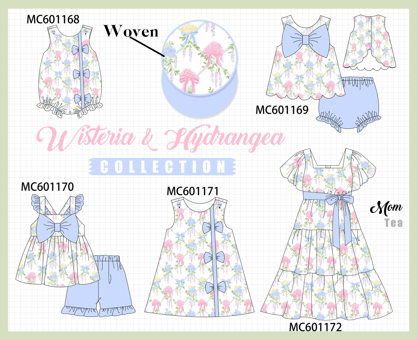 PO79 Blue floral bow ruffle woven collection