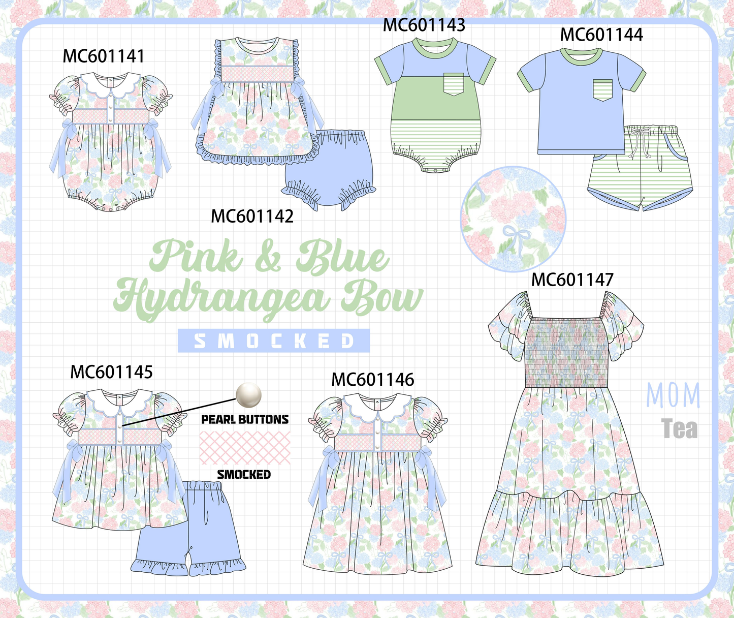 PO79 Blue floral ruffle smocked pearl collection