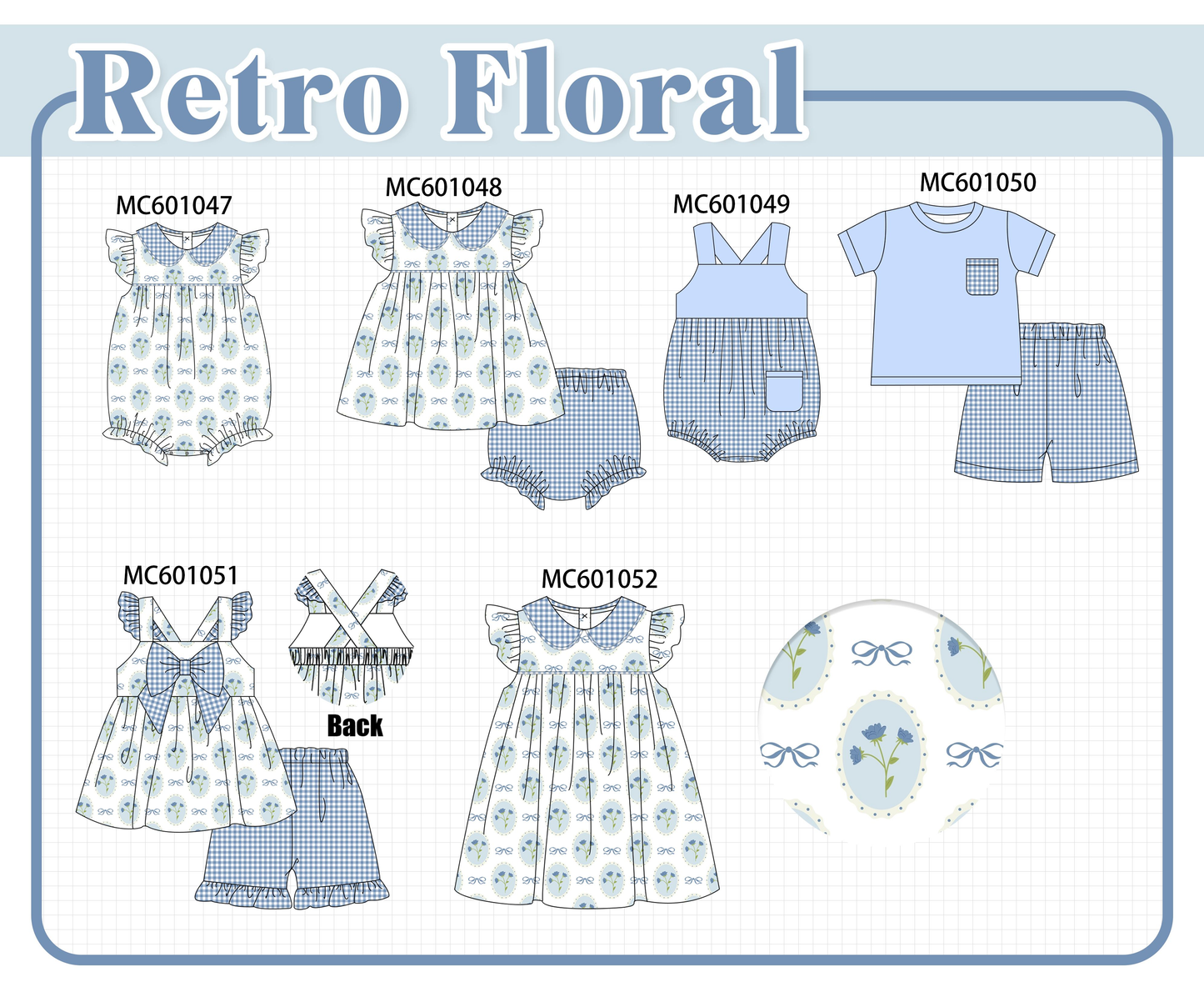 PO79 Blue retro floral print gingham collection
