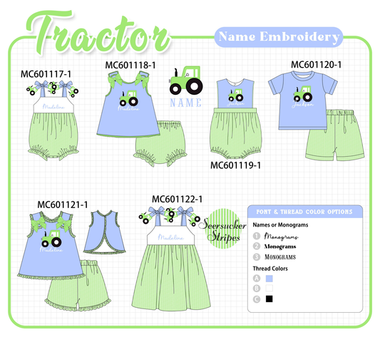 PO79 Blue tractor applique monogram embroidery ruffle stripe collection