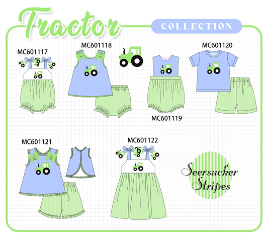 PO79 Blue tractor applique ruffle stripe collection