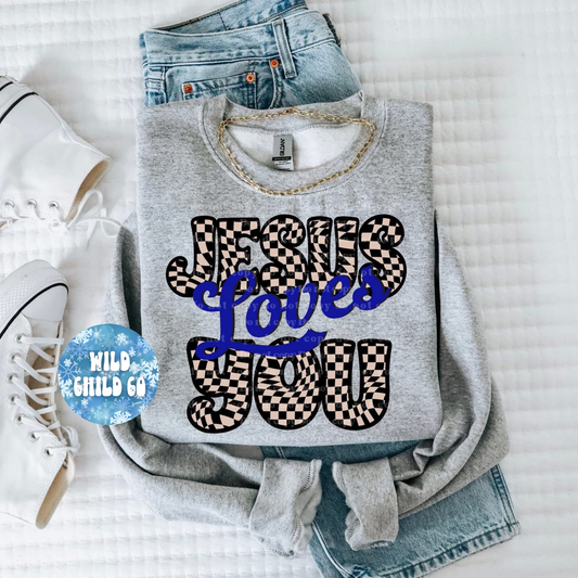 Jesus Loves you (blue/check) - leave shirt color in comments at checkout