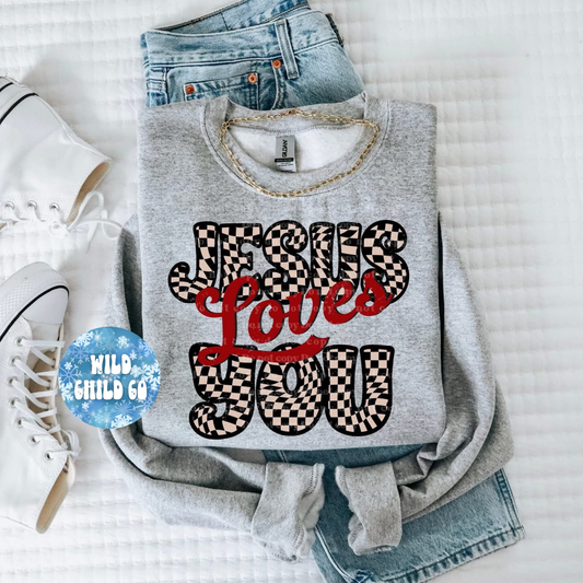 Jesus Loves You (Red/check) - leave shirt color in comments at checkout