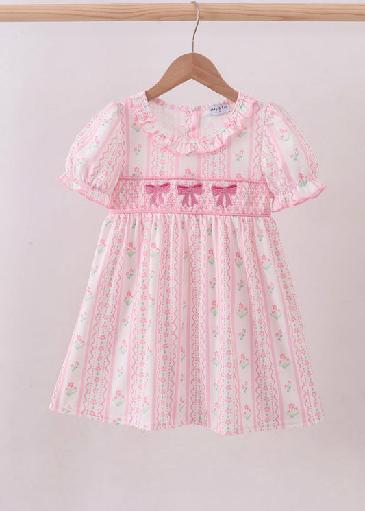 Pink Floral Bow Smocked Dress