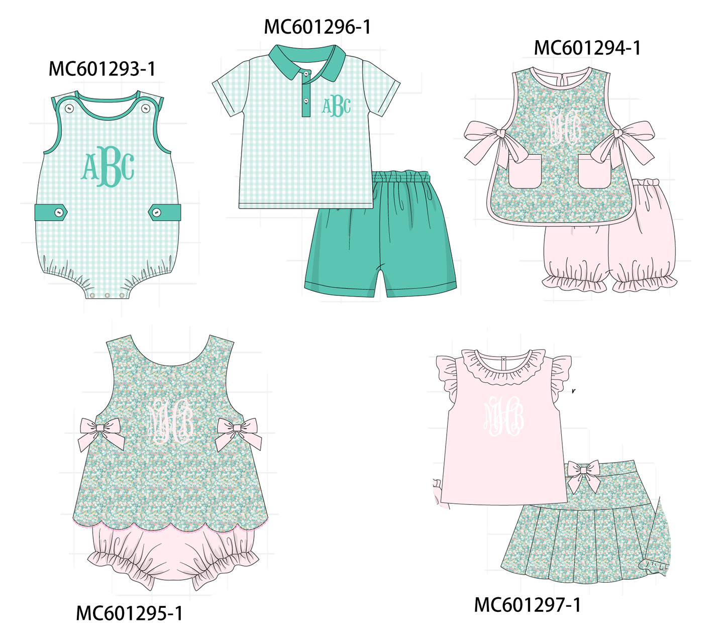 PO79 Green floral smocked gingham monogram collection