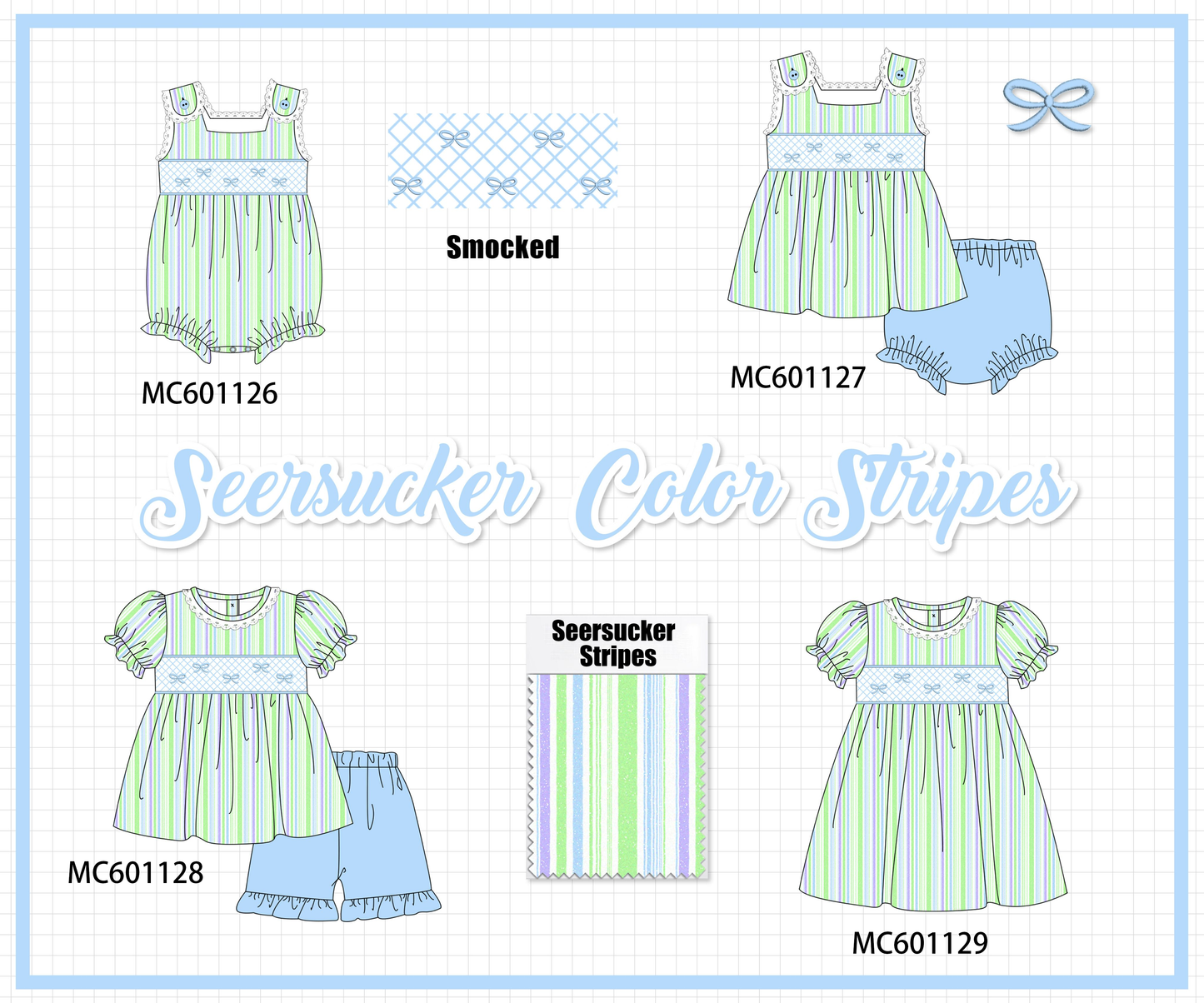 PO79 Green stripe bow smocked seersucker collection