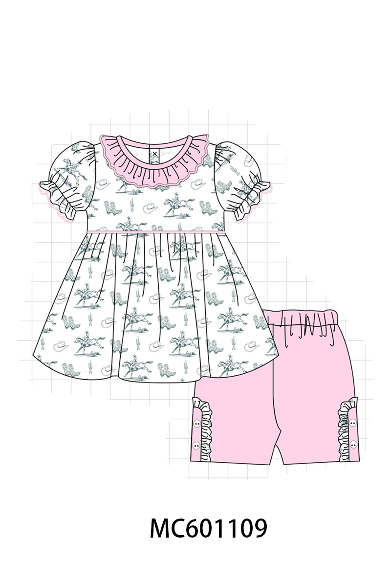 PO79 Pink&blue western cowboy print ruffle collection