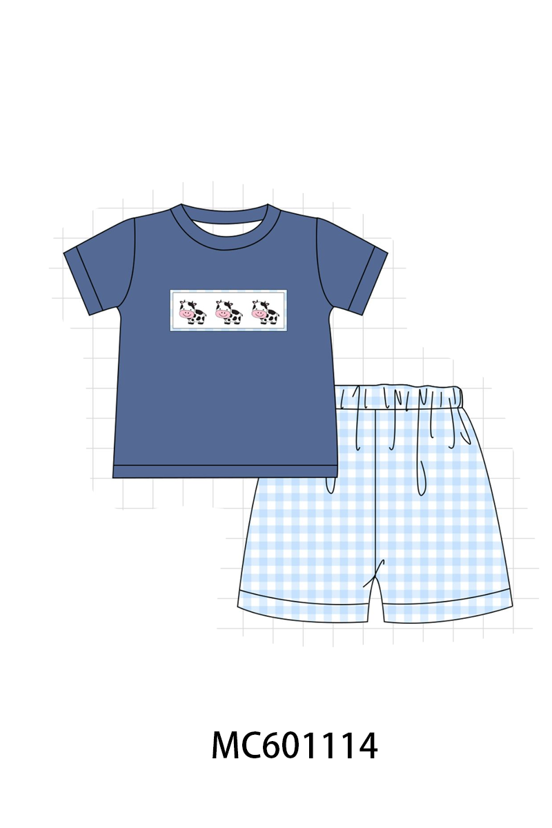 PO79 Pink&blue cow embroidery gingham collection