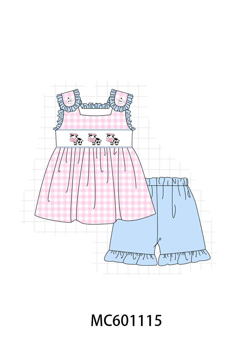 PO79 Pink&blue cow embroidery gingham collection