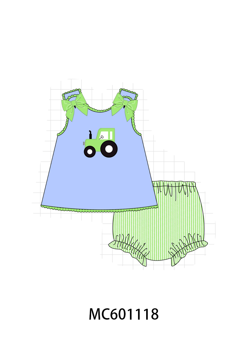 PO79 Blue tractor applique ruffle stripe collection