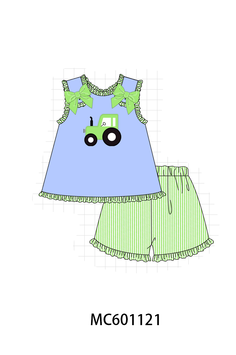 PO79 Blue tractor applique ruffle stripe collection