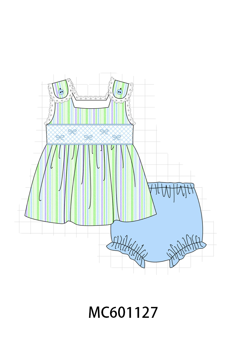 PO79 Green stripe bow smocked seersucker collection
