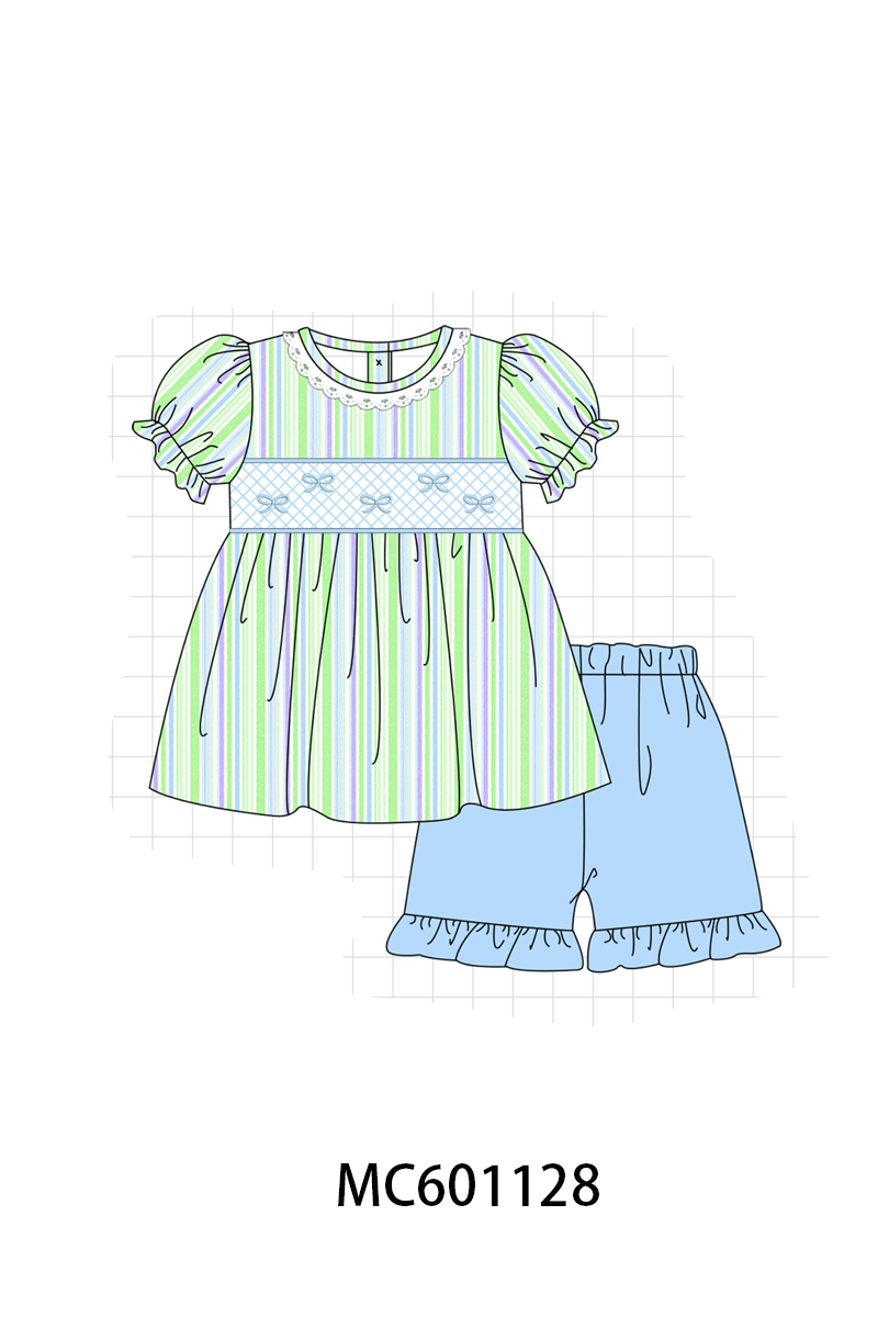PO79 Green stripe bow smocked seersucker collection