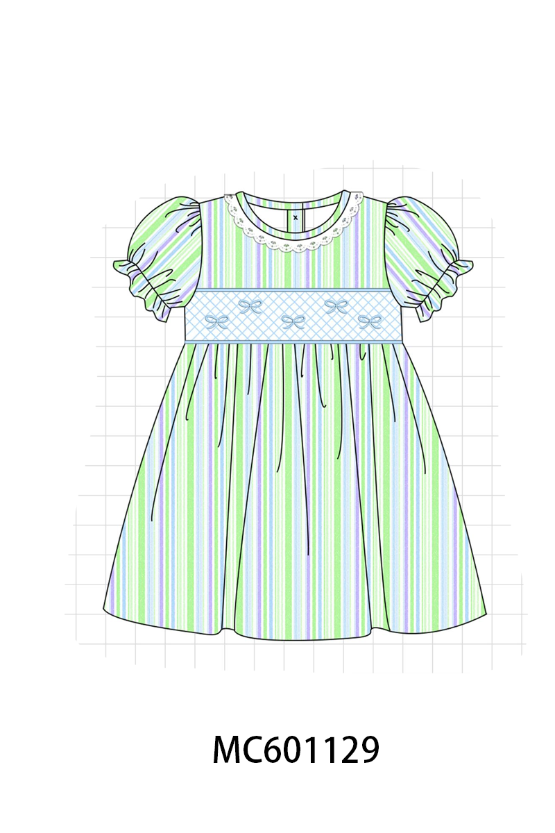 PO79 Green stripe bow smocked seersucker collection