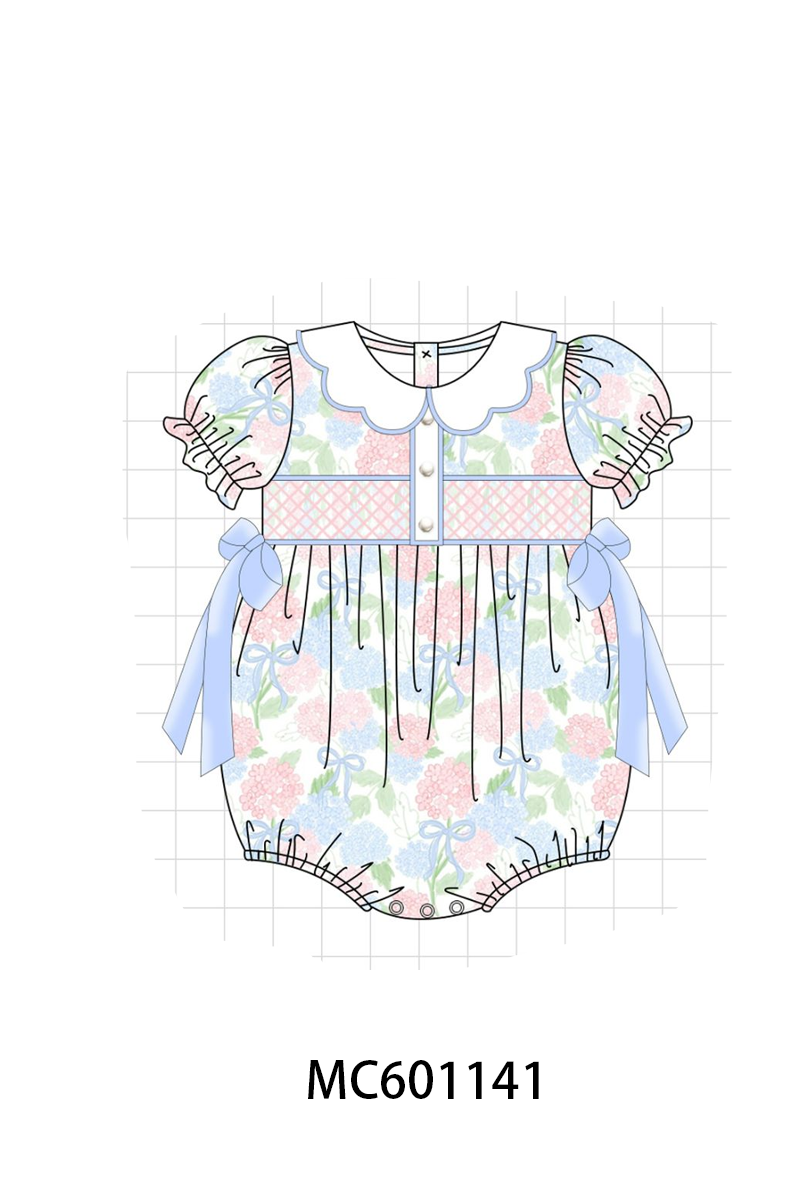 PO79 Blue floral ruffle smocked pearl collection