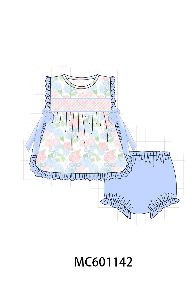 PO79 Blue floral ruffle smocked pearl collection