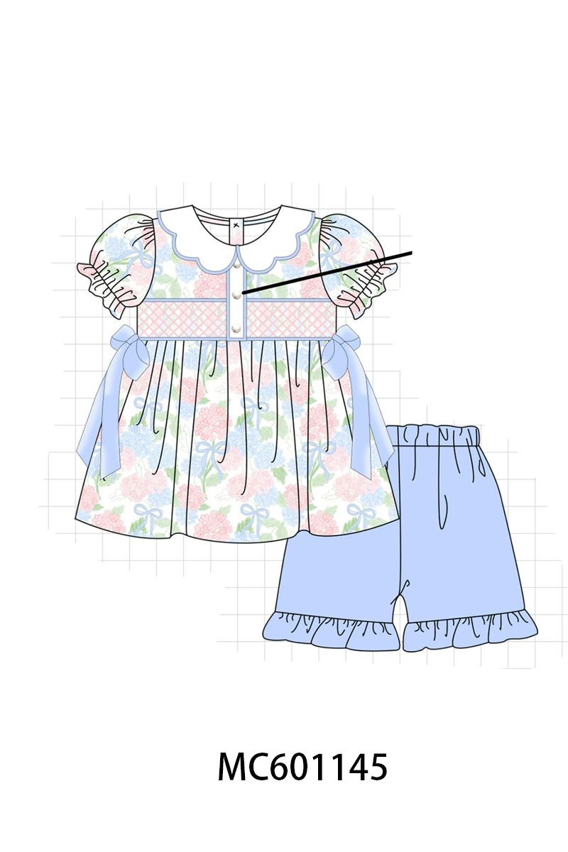 PO79 Blue floral ruffle smocked pearl collection