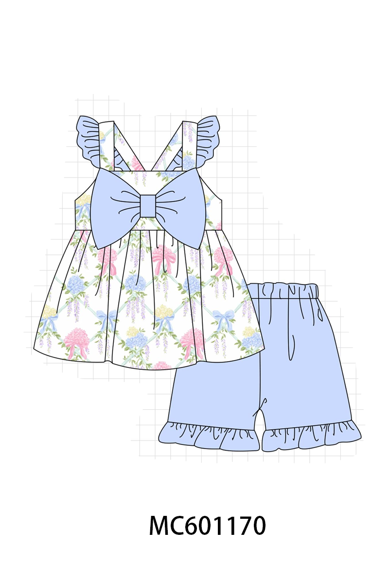 PO79 Blue floral bow ruffle woven collection