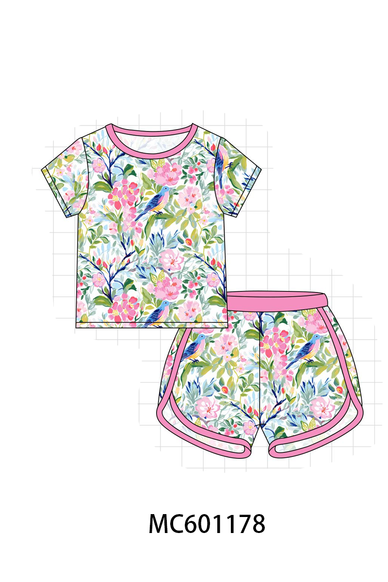 PO79 Pink floral birds print bamboo collection