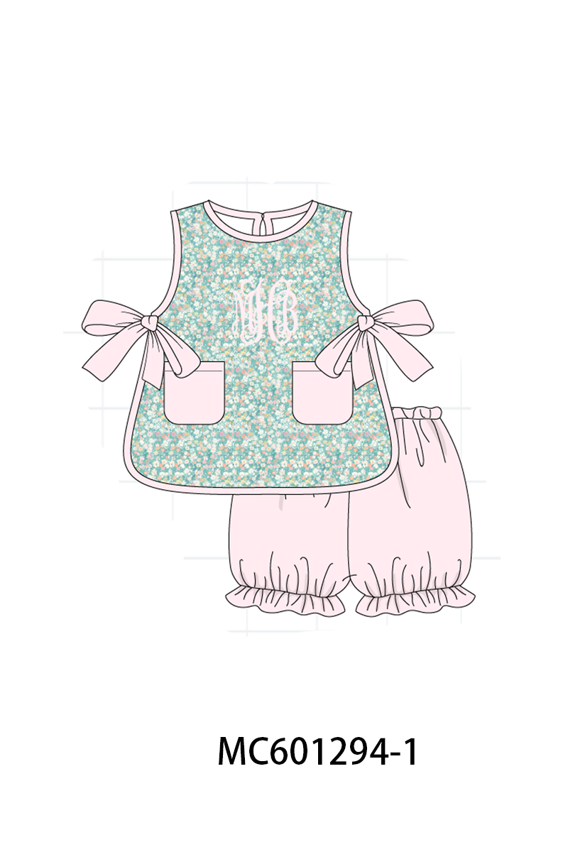 PO79 Green floral smocked gingham monogram collection