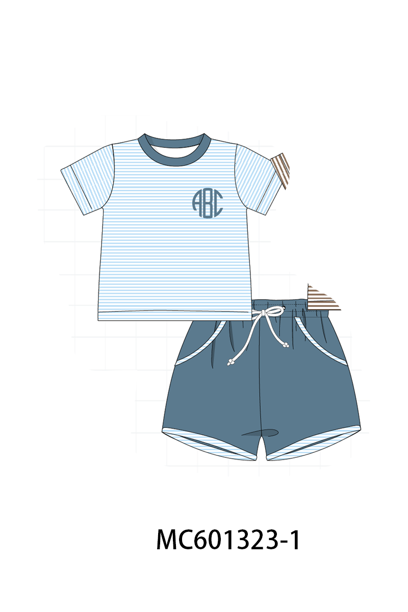 PO79 Simple stripe monogram embroidery shorts set collection