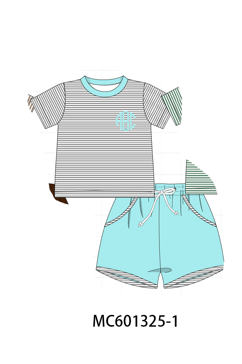 PO79 Simple stripe monogram embroidery shorts set collection