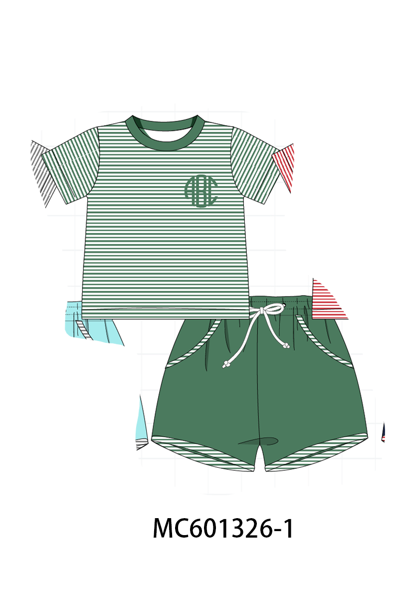 PO79 Simple stripe monogram embroidery shorts set collection