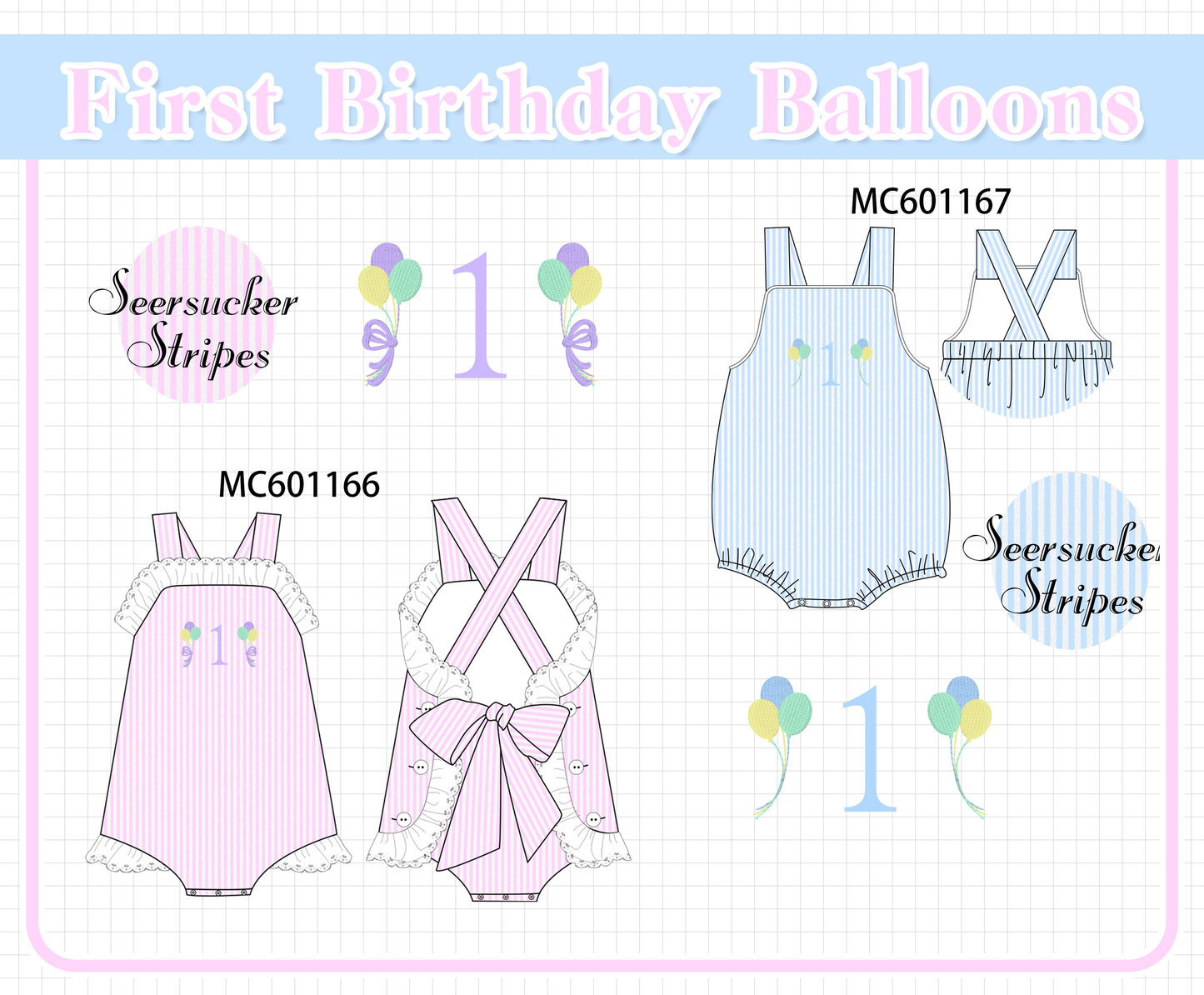 PO79 Pink&blue first birthday balloon seersucker stripe collection