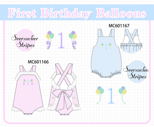 PO79 Pink&blue first birthday balloon seersucker stripe collection