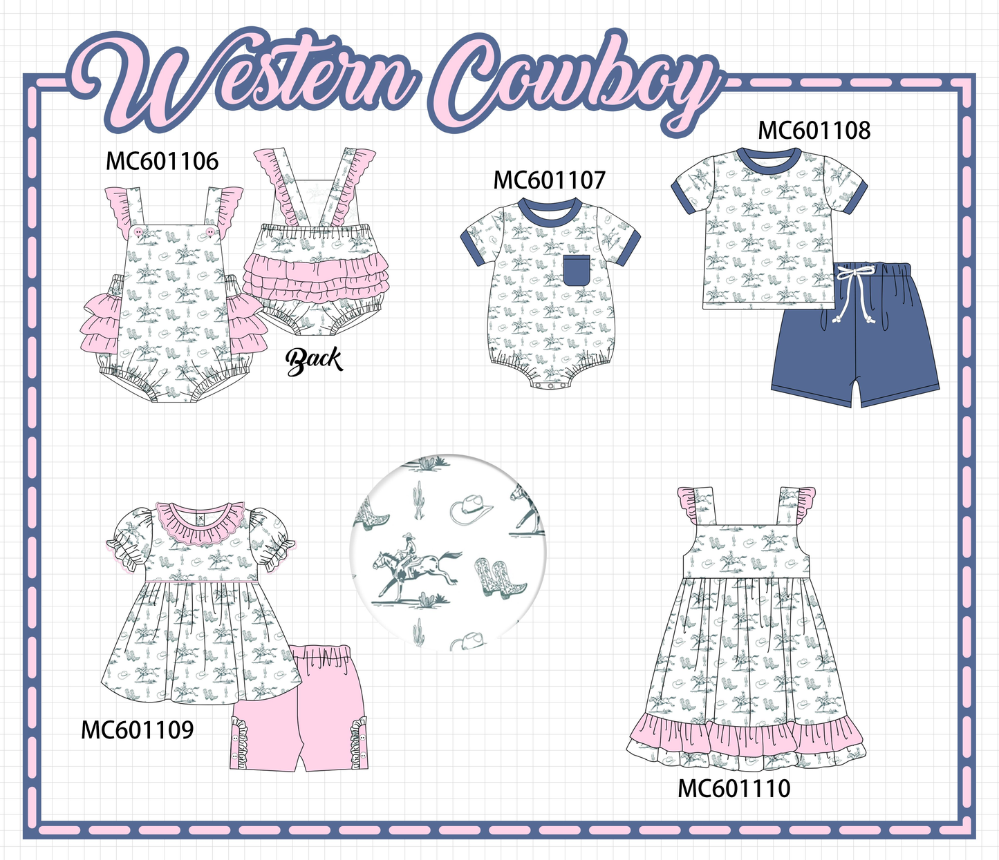 PO79 Pink&blue western cowboy print ruffle collection