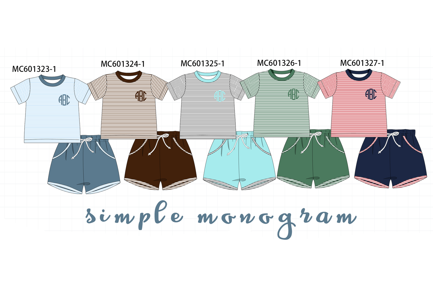 PO79 Simple stripe monogram embroidery shorts set collection